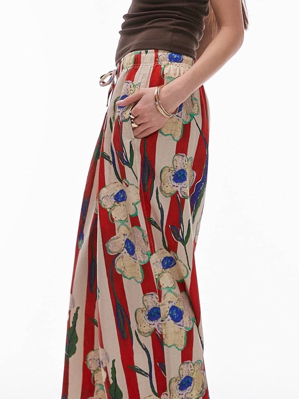 Top Shop Funky Linen Wide Drawstring Floral Striped Pocket Pants / Size Small